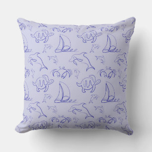 Sea animals and sailboat one line drawing pattern outdoor pillow