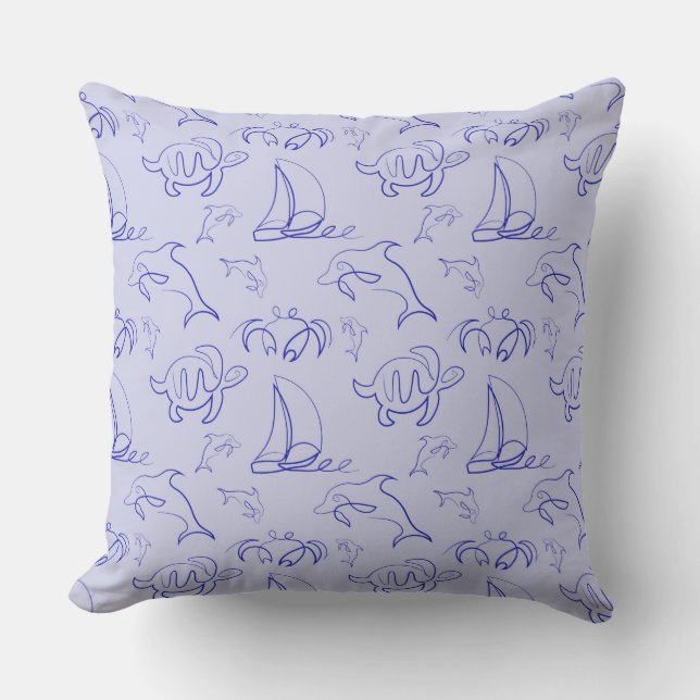 Sea animals and sailboat one line drawing pattern  outdoor pillow (Front)