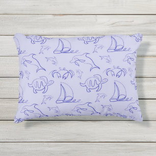 Sea animals and sailboat one line drawing pattern outdoor pillow