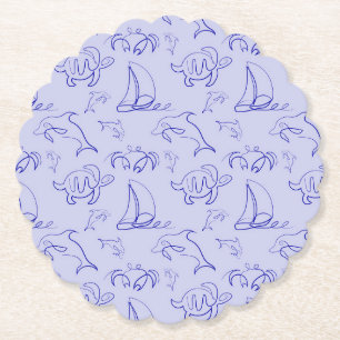 Sea animals and sailboat one line drawing pattern  paper coaster