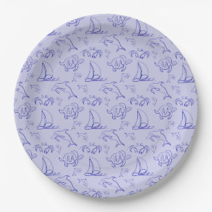 Sea animals and sailboat one line drawing pattern paper plates