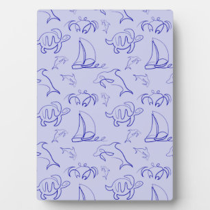 Sea animals and sailboat one line drawing pattern plaque