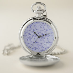 Sea animals and sailboat one line drawing pattern pocket watch