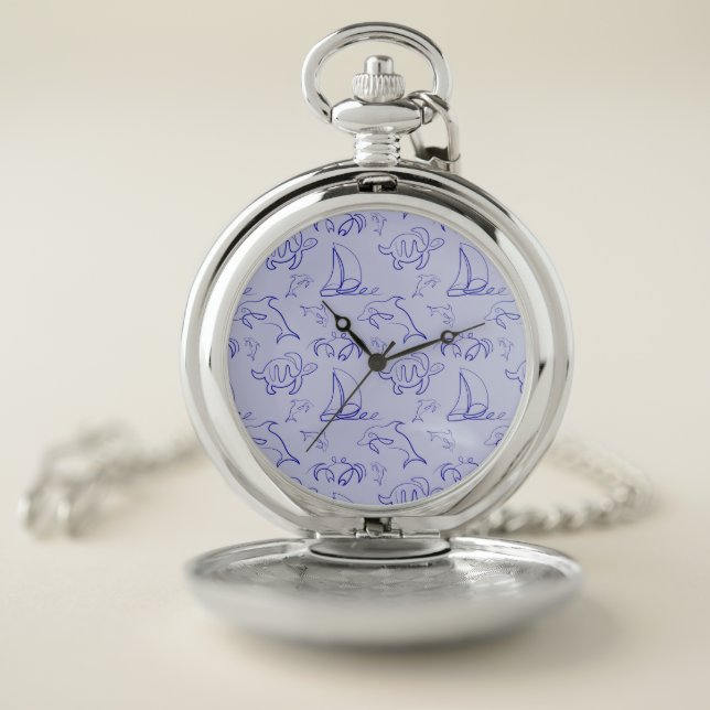Sea animals and sailboat one line drawing pattern  pocket watch (Inside)
