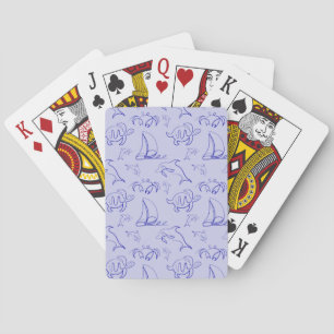 Sea animals and sailboat one line drawing pattern poker cards