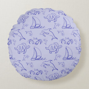 Sea animals and sailboat one line drawing pattern round pillow