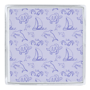 Sea animals and sailboat one line drawing pattern silver finish lapel pin