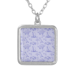 Sea animals and sailboat one line drawing pattern silver plated necklace