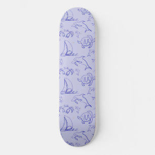 Sea animals and sailboat one line drawing pattern  skateboard