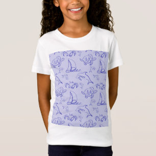 Sea animals and sailboat one line drawing pattern  T-Shirt