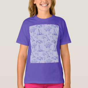Sea animals and sailboat one line drawing pattern T-Shirt