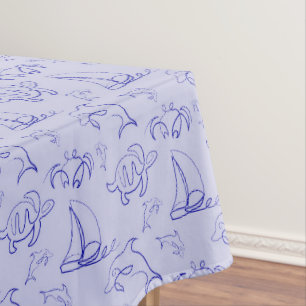 Sea animals and sailboat one line drawing pattern tablecloth