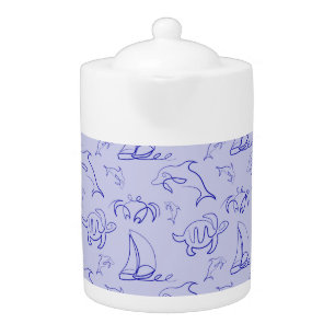 Sea animals and sailboat one line drawing pattern  teapot