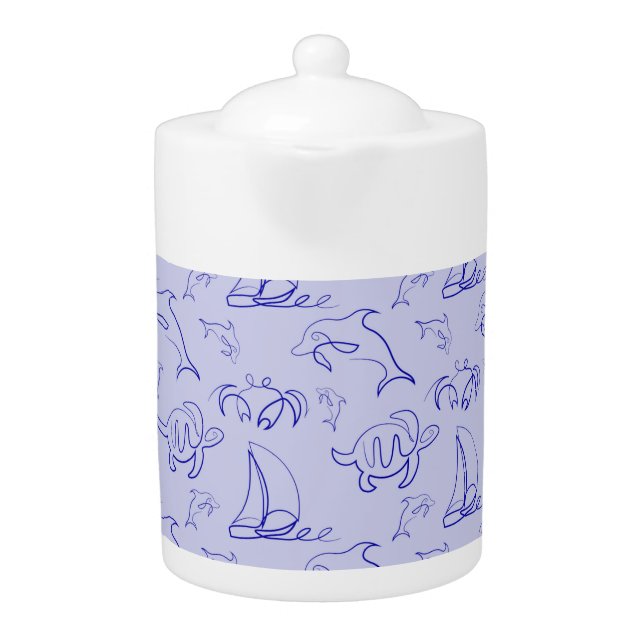 Sea animals and sailboat one line drawing pattern  teapot (Front)
