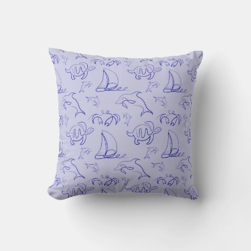 Sea animals and sailboat one line drawing pattern  throw pillow