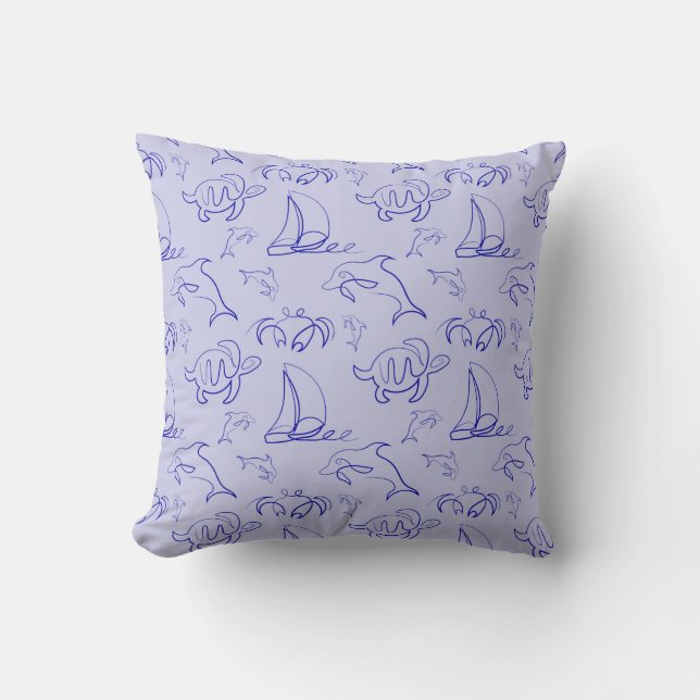 Sea animals and sailboat one line drawing pattern  throw pillow (Front)