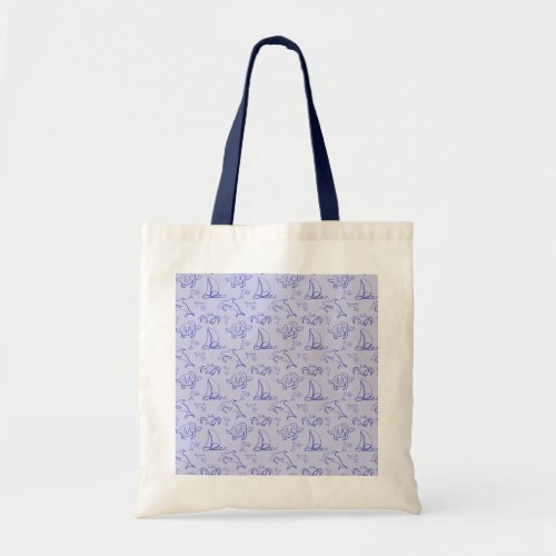 Sea animals and sailboat one line drawing pattern tote bag