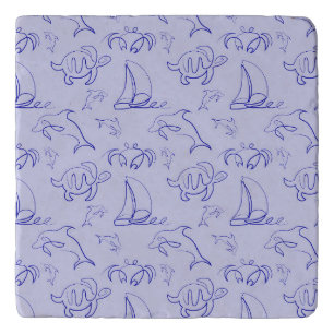 Sea animals and sailboat one line drawing pattern  trivet