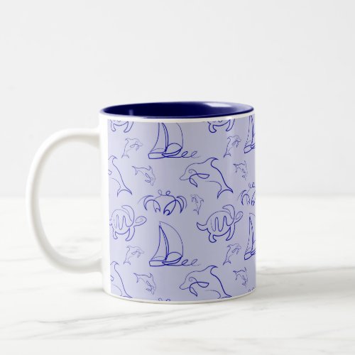 Sea animals and sailboat one line drawing pattern  Two_Tone coffee mug