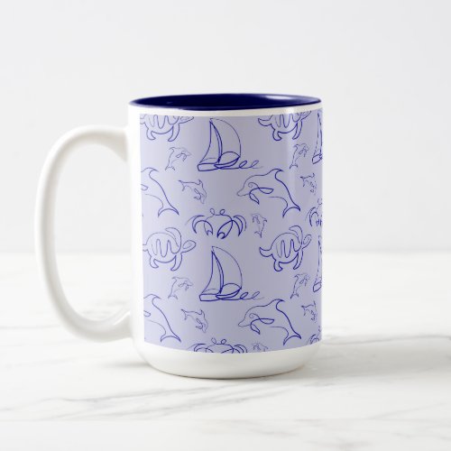 Sea animals and sailboat one line drawing pattern  Two_Tone coffee mug