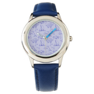 Sea animals and sailboat one line drawing pattern watch