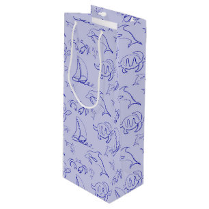 Sea animals and sailboat one line drawing pattern  wine gift bag