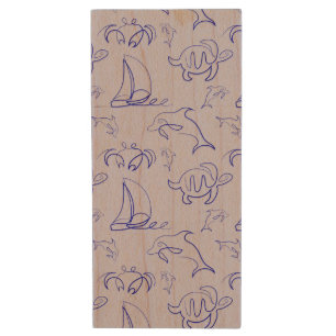 Sea animals and sailboat one line drawing pattern  wood flash drive