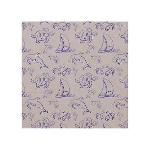 Sea animals and sailboat one line drawing pattern  wood wall art