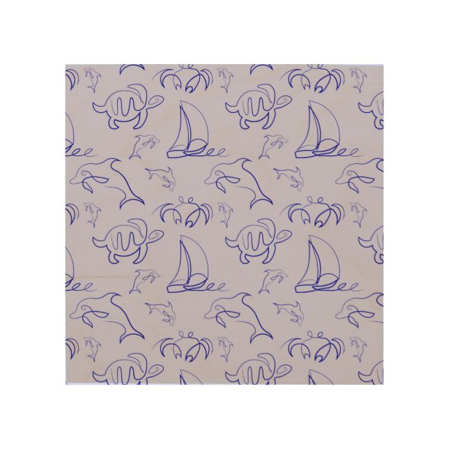 Sea animals and sailboat one line drawing pattern  wood wall art (Front)