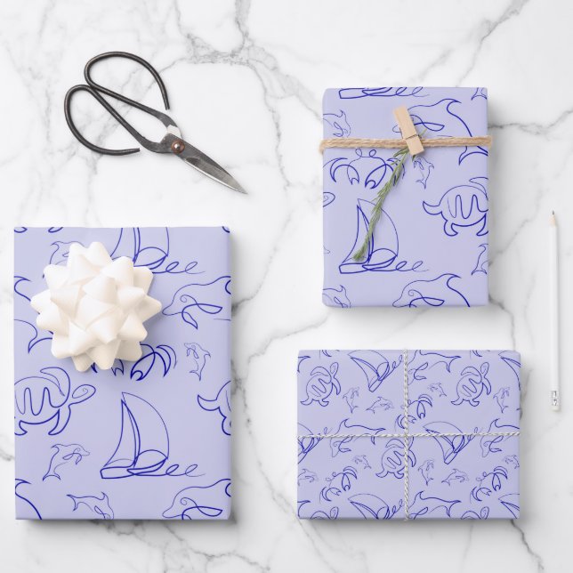 Sea animals and sailboat one line drawing pattern  wrapping paper sheets (Front)