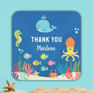 Sea animals baby shower square sticker