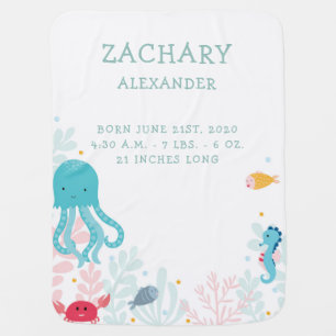 Sea Animals Birth Announcement Baby Blanket