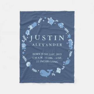Sea Animals Birth Announcement Fleece Baby Blanket