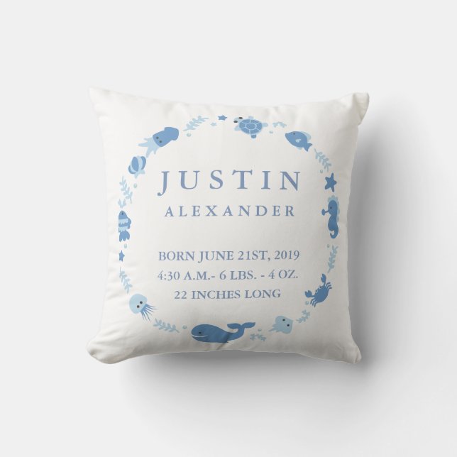 Sea Animals Border Baby Announcement Pillow (Front)