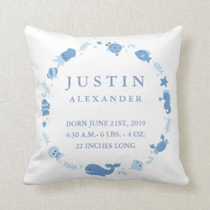 Sea Animals Border Baby Announcement Pillow