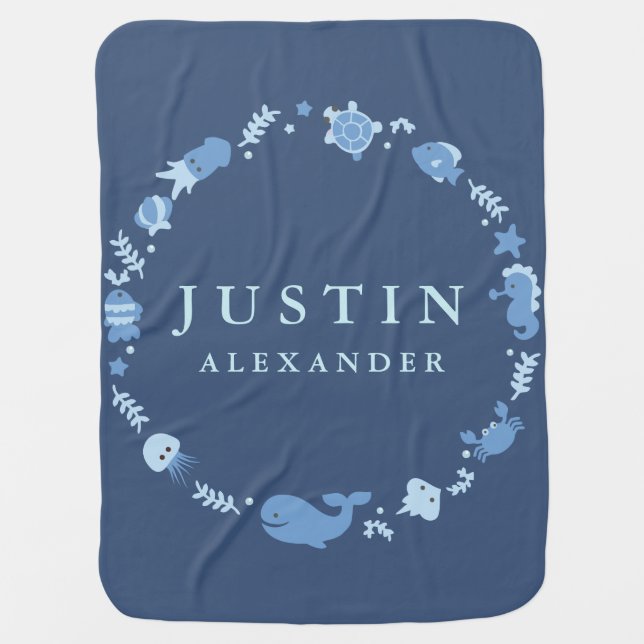 Sea Animals Border Baby Blanket (Front)