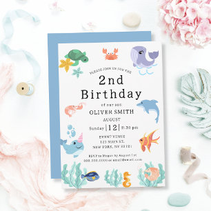 Sea Animals Kids 2nd Birthday Party Invitation