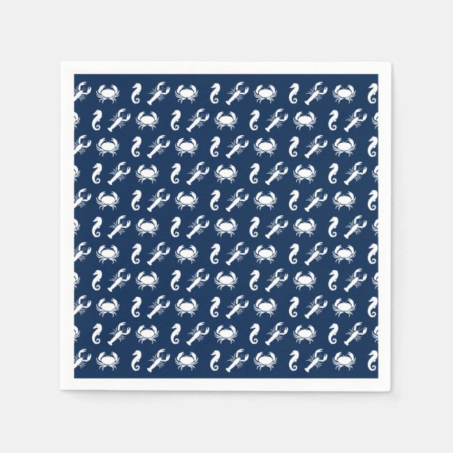 Sea Animals navy lobster crab seahorse pattern Napkins (Front)