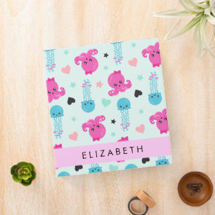 Sea Animals, Octopus, Jellyfish, Hearts, Your Name 3 Ring Binder