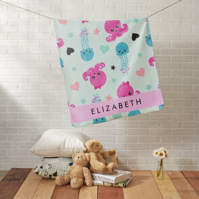 Sea Animals, Octopus, Jellyfish, Hearts, Your Name Baby Blanket (In Situ)