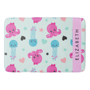 Sea Animals, Octopus, Jellyfish, Hearts, Your Name Bath Mat