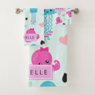 Sea Animals, Octopus, Jellyfish, Hearts, Your Name Bath Towel Set