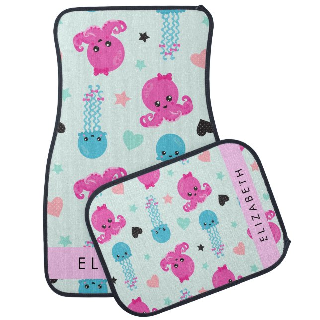 Sea Animals, Octopus, Jellyfish, Hearts, Your Name Car Floor Mat (Set)