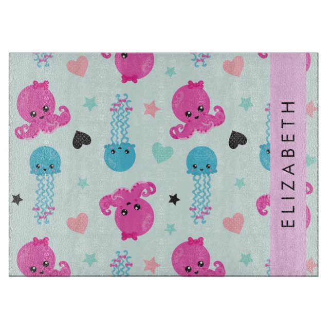 Sea Animals, Octopus, Jellyfish, Hearts, Your Name Cutting Board (Front)