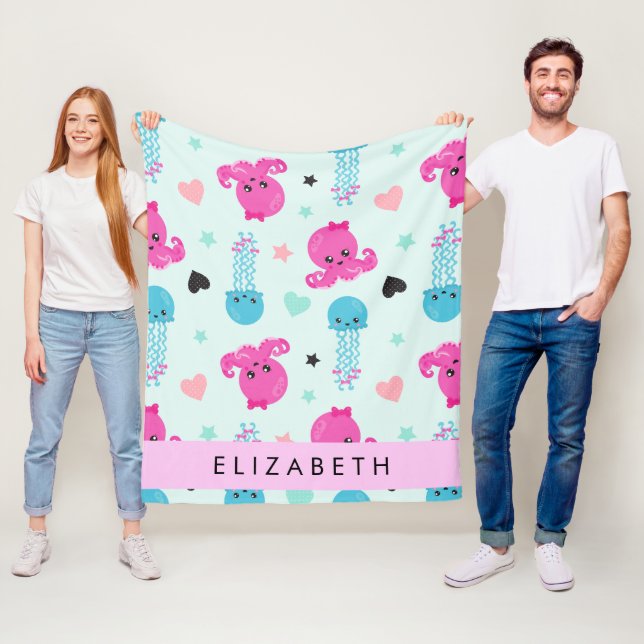 Sea Animals, Octopus, Jellyfish, Hearts, Your Name Fleece Blanket (In Situ)