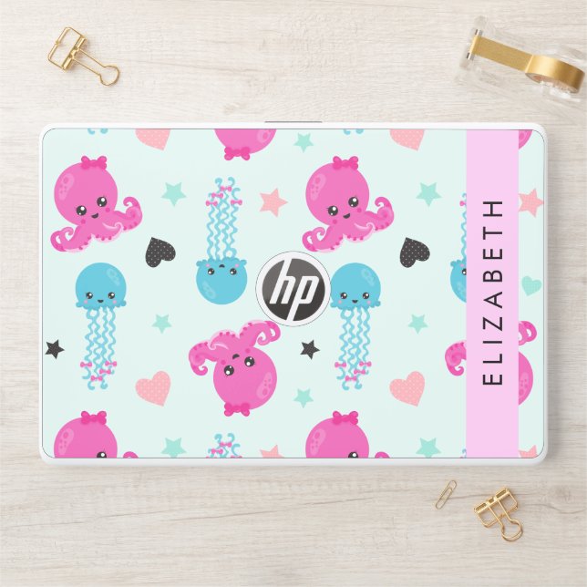 Sea Animals, Octopus, Jellyfish, Hearts, Your Name HP Laptop Skin (Desk)