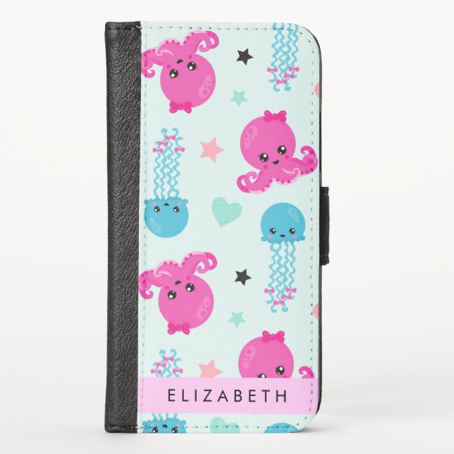 Sea Animals, Octopus, Jellyfish, Hearts, Your Name iPhone Wallet Case (Front)