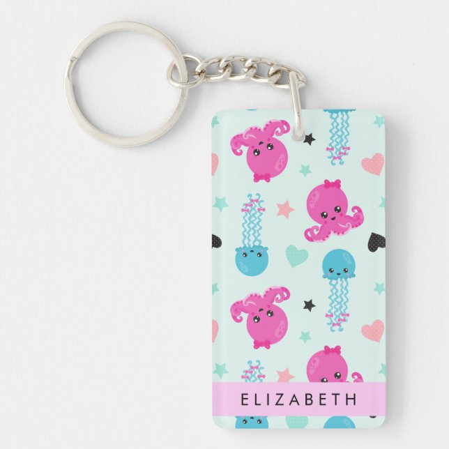 Sea Animals, Octopus, Jellyfish, Hearts, Your Name Keychain (Front)