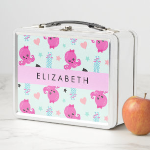 Sea Animals, Octopus, Jellyfish, Hearts, Your Name Metal Lunch Box