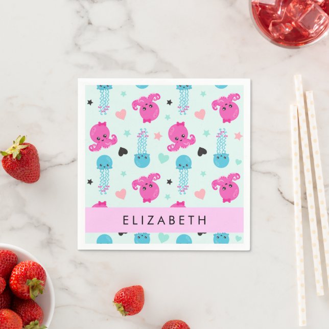 Sea Animals, Octopus, Jellyfish, Hearts, Your Name Napkins (Insitu)